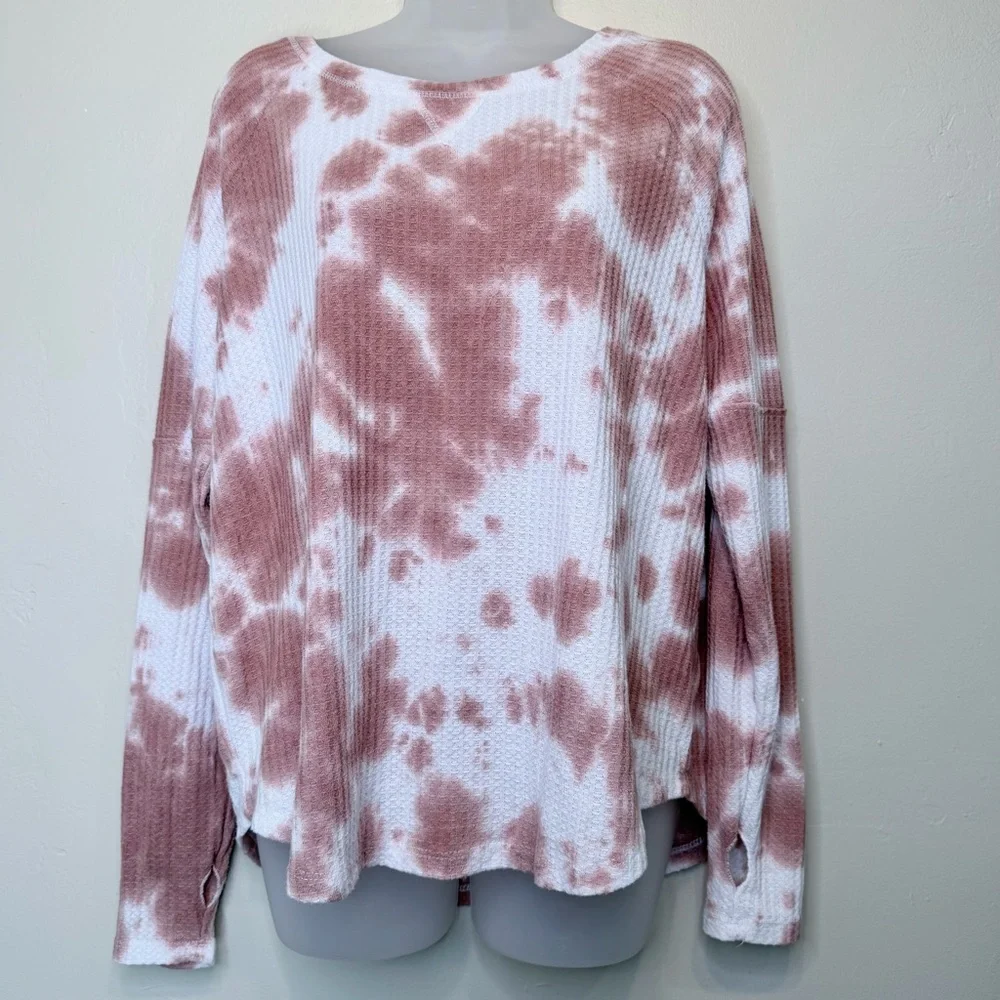 Sweet Romeo | Waffle Textured Knit Tie Dye Thumb Holes Pull Over Thermal Shirt - Picture 2 of 10